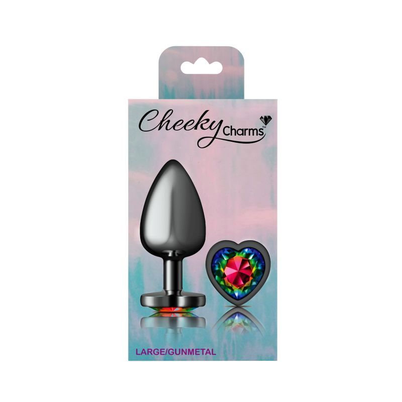 Cheeky Charms Gunmetal Butt Plug w Heart Rainbow Jewel Large-VB-CC9134-L