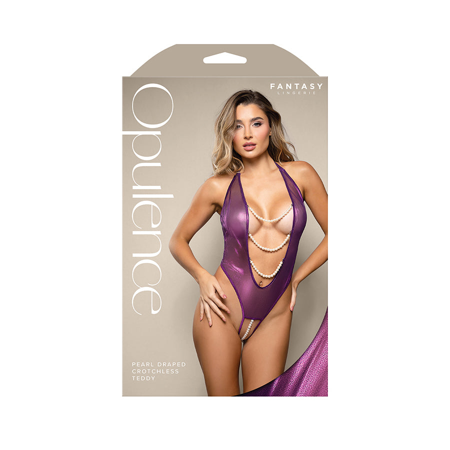 OPULENCE Pearl Draped Crotchless Teddy - Purple - S/M Size-2429PUR-SM-B