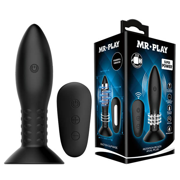 MR PLAY Rotation Beads Anal Plug - Black USB Rechargeable Beaded Butt Plug with Wireless Remote-BI-040079W-MR