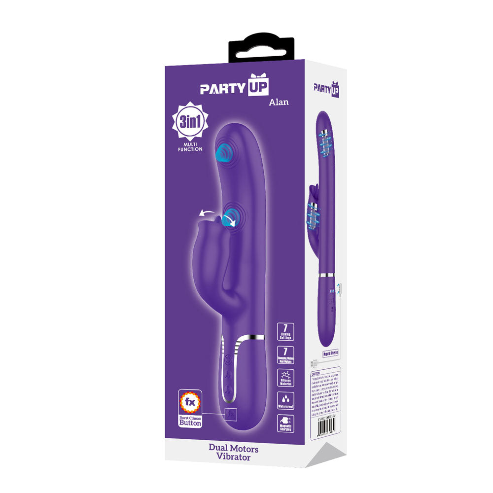 Party Up ALAN Dual Motor Vibrator - Purple - Purple 22.8 cm USB Rechargeable Vibrator with Licking Clit Stimulator and Thumping Shaft-BW-500035-2-PU