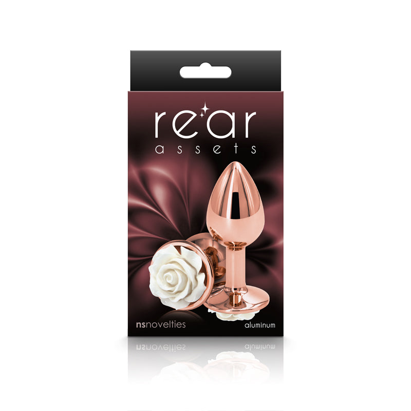 Rear Assets Rose - Small - Rose Gold 7.6 cm Metal Butt Plug with White Rose Base-NSN-0965-11