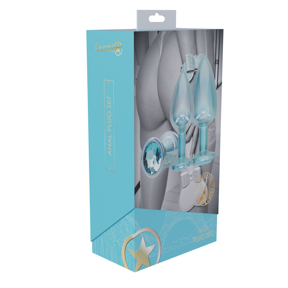 OUCH! Paris Collection - Metal Anal Plug Set - Blue - Metallic Blue Butt Plugs with Gem Bases - Set of 3 Sizes-OU1059BLU