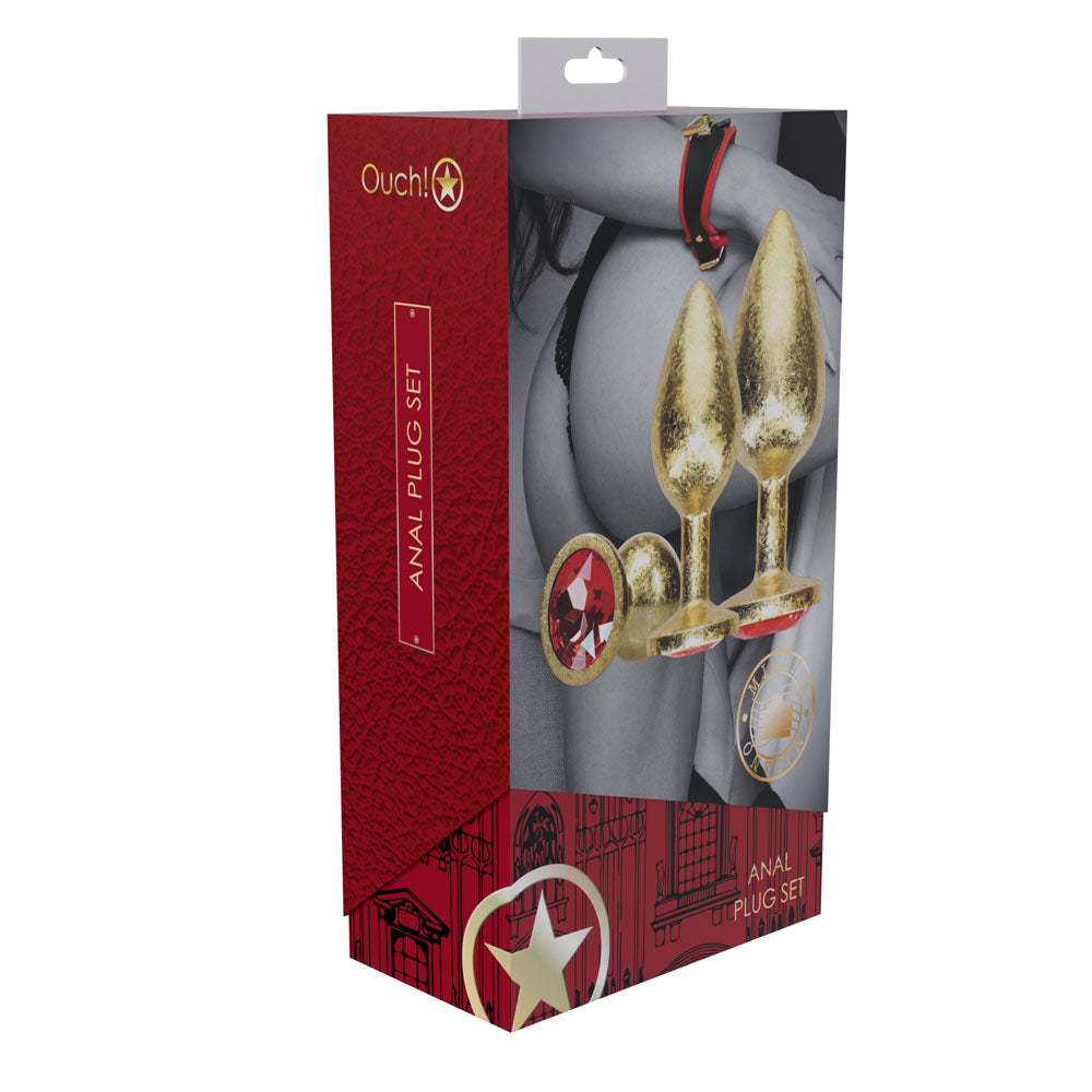 OUCH! Milan Collection - Metal Anal Plug Set - Gold - Gold Butt Plugs with Gem Bases - Set of 3 Sizes-OU1059GLD