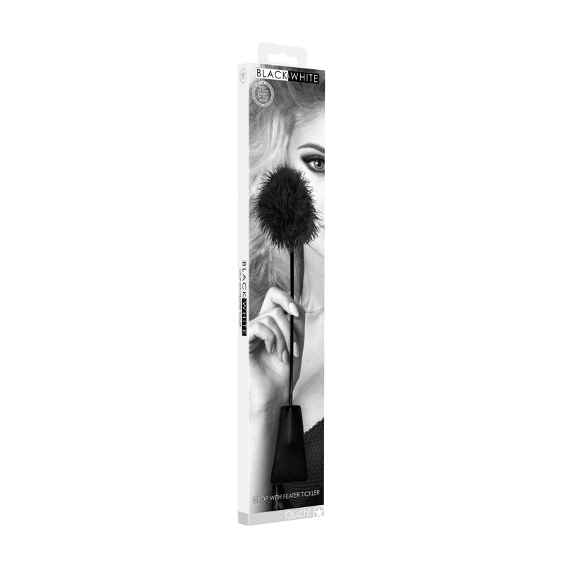 OUCH! Black & White Crop with Feather Tickler - Black 44 cm Feather Crop-OU693BLK