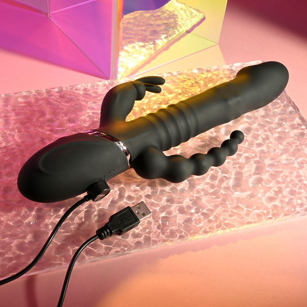 Playboy Pleasure BIG BUNNY ENERGY - Black 26.2 cm USB Rechargeable Rabbit Vibrator with Anal Beads - PB-RS-3618-2