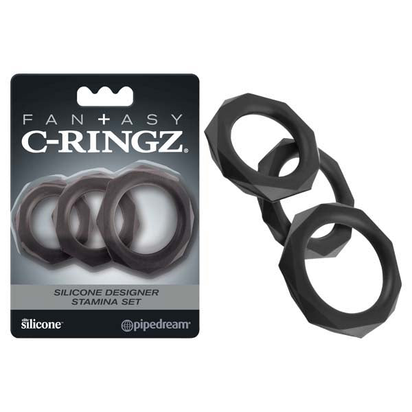 Fantasy C-Ringz Silicone Designer Stamina Set - Black Cock Rings - Set of 3 Sizes-PD5967-23