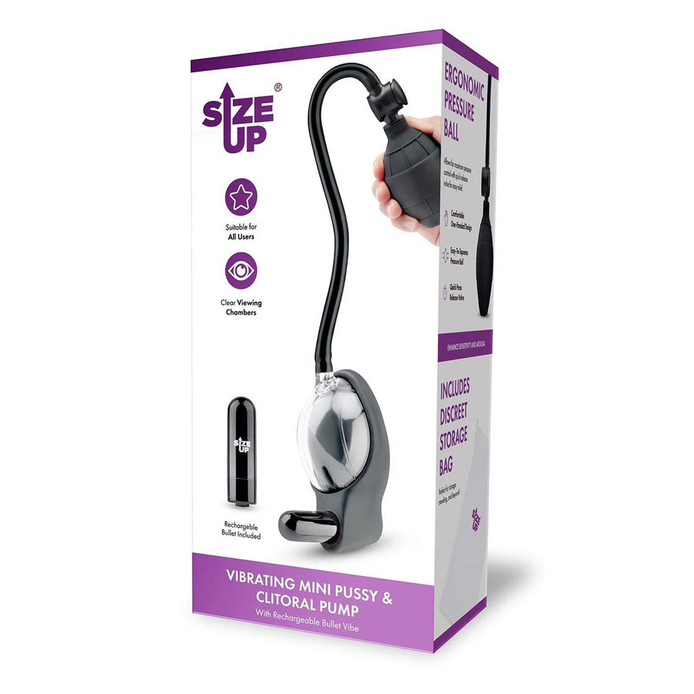 Size Up Vibrating Mini Pussy & Clitoral Pump - Clear USB Rechargeable Vibrating Vaginal and Clitoral Pump-SU113