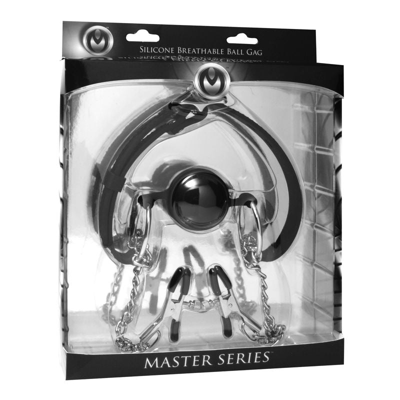 Hinder Breathable Silicone Ball Gag With Nipple Clamps-AD699