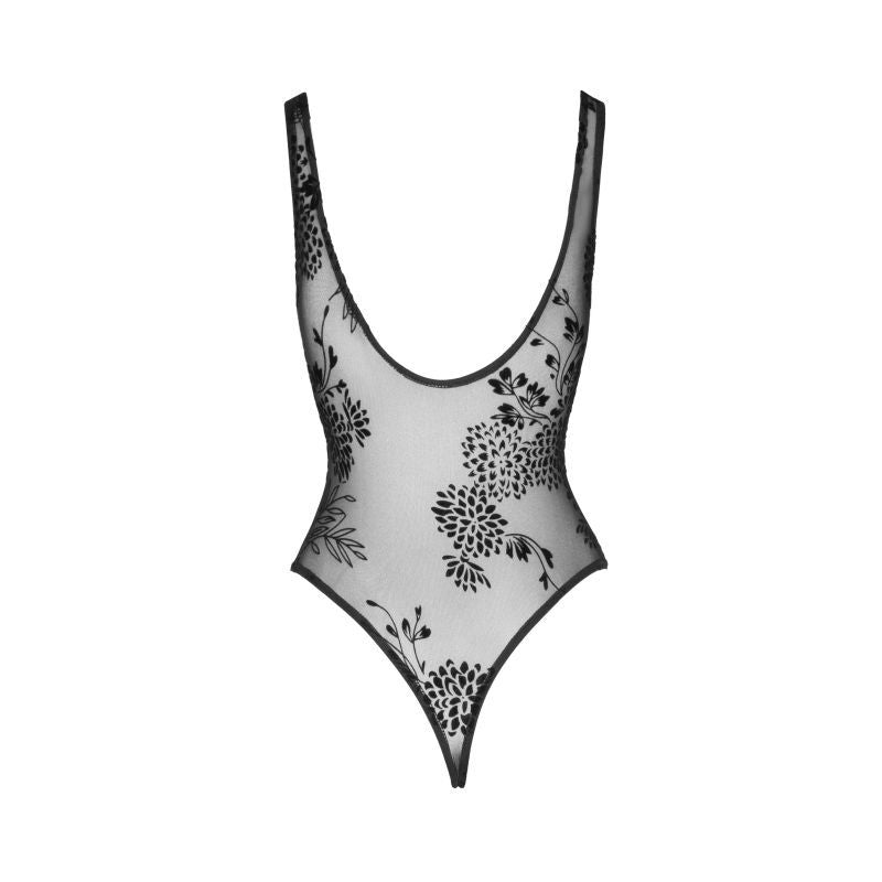 Tulle Bodysuit  w Patterned Flock Embroidery-F242-BLK-S