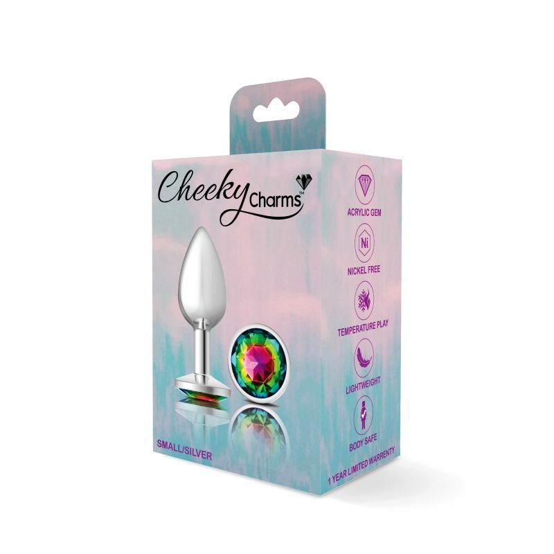 Cheeky Charms Silver Round Butt Plug w Rainbow Jewel Small-VB-CC9117-S