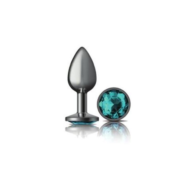 Cheeky Charms Gunmetal Round Butt Plug w Teal Jewel Small-VB-CC9120-S