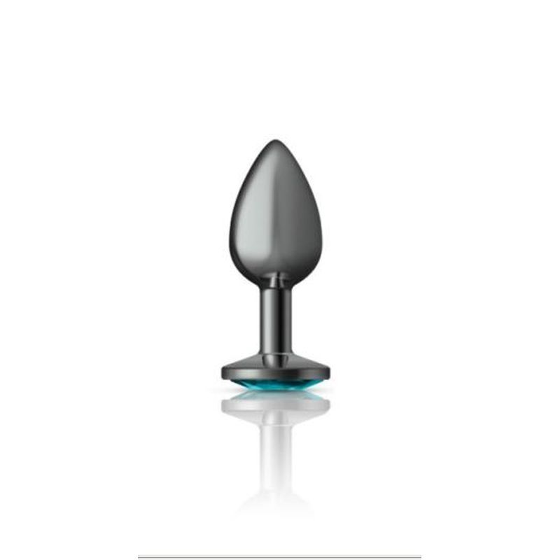 Cheeky Charms Gunmetal Round Butt Plug w Teal Jewel Small-VB-CC9120-S