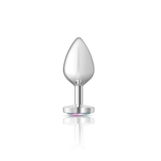 Cheeky Charms Silver Metal  Butt Plug w Heart Clear Jewel Medium-VB-CC9127-M