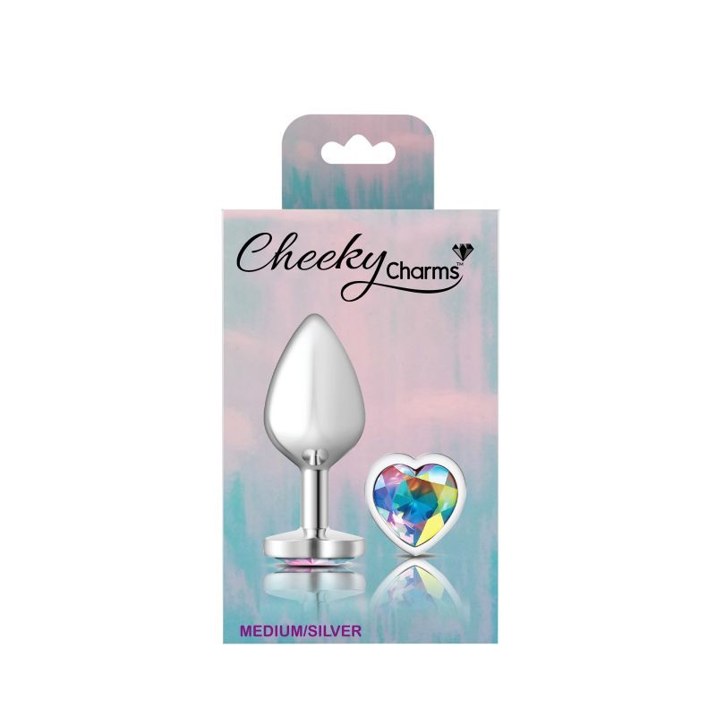 Cheeky Charms Silver Metal  Butt Plug w Heart Clear Jewel Medium-VB-CC9127-M