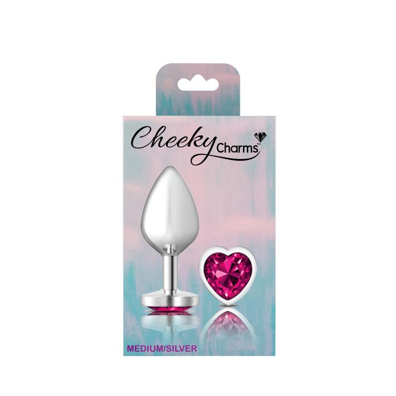 Cheeky Charms Silver Metal  Butt Plug w Heart Pink Jewel Medium-VB-CC9130-M
