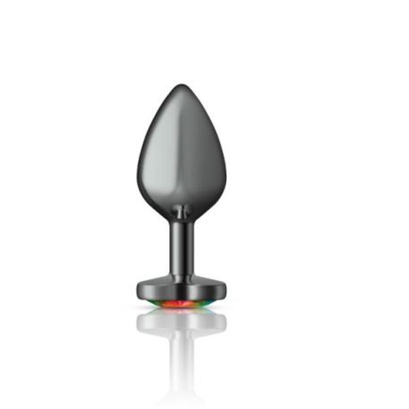 Cheeky Charms Gunmetal  Butt Plug w Heart Rainbow Jewel Medium-VB-CC9133-M