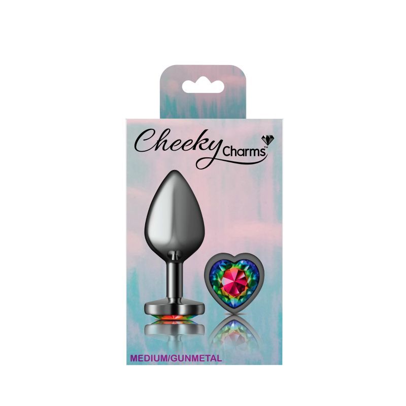Cheeky Charms Gunmetal  Butt Plug w Heart Rainbow Jewel Medium-VB-CC9133-M