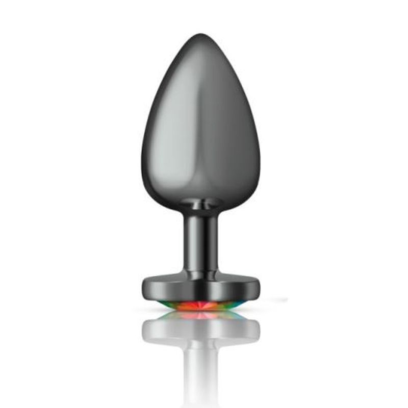 Cheeky Charms Gunmetal  Butt Plug w Heart Rainbow Jewel Large-VB-CC9134-L