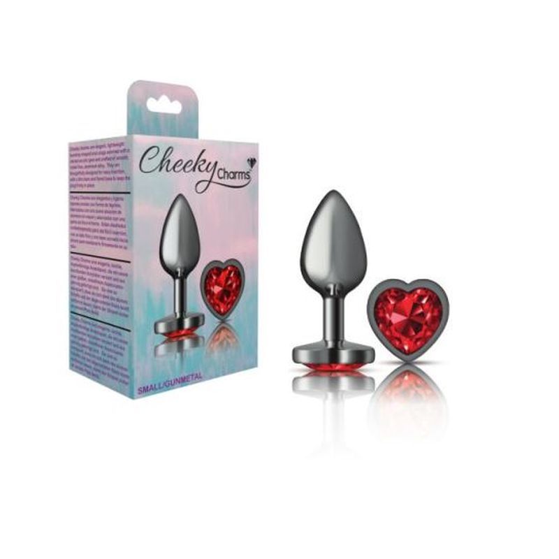 Cheeky Charms Gunmetal  Butt Plug w Heart Red Jewel Small-VB-CC9135-S