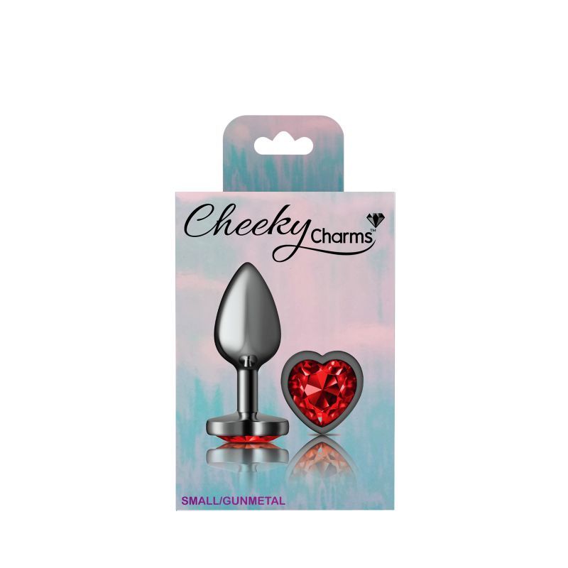 Cheeky Charms Gunmetal  Butt Plug w Heart Red Jewel Small-VB-CC9135-S