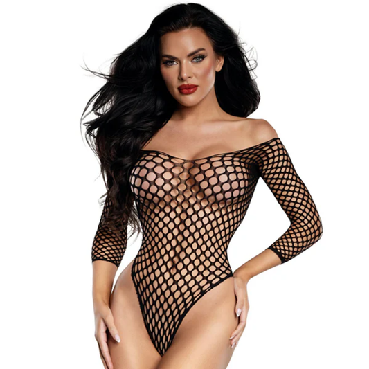 DreamGirl Fishnet Off The Shoulder Bodysuit Black