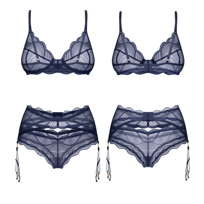 Nightly Blue Bra Panty Garter 3 Pc-7852-BLU-XS/S