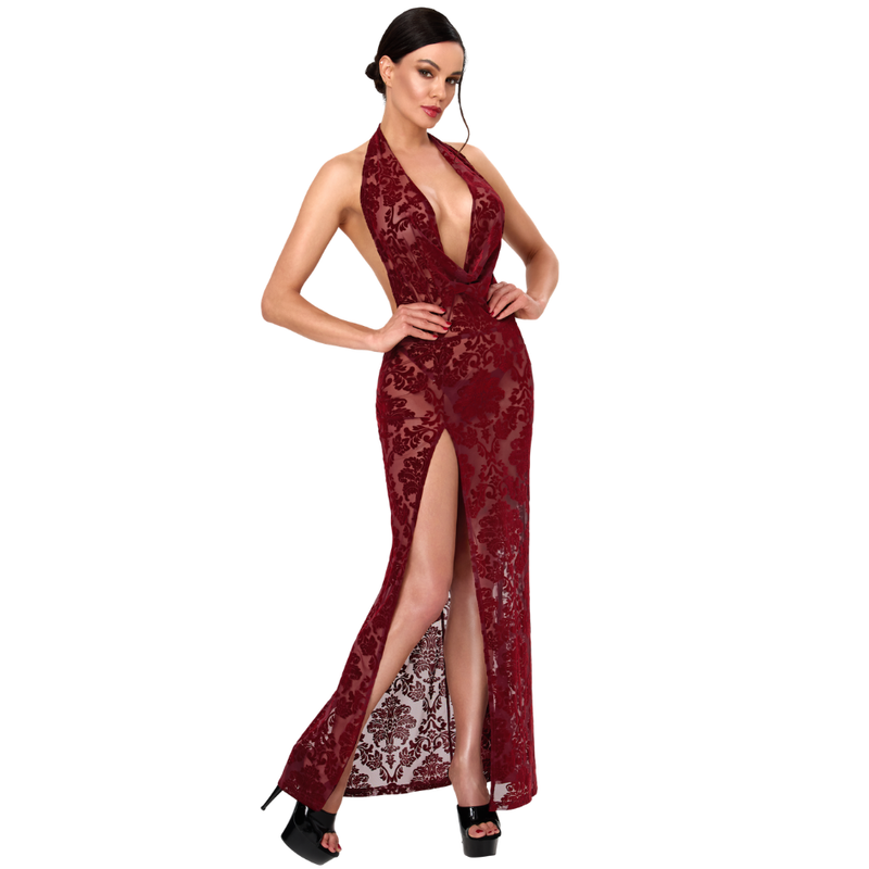 Masquerade Lace Gown Dress Burgundy-F424-BUR-XS