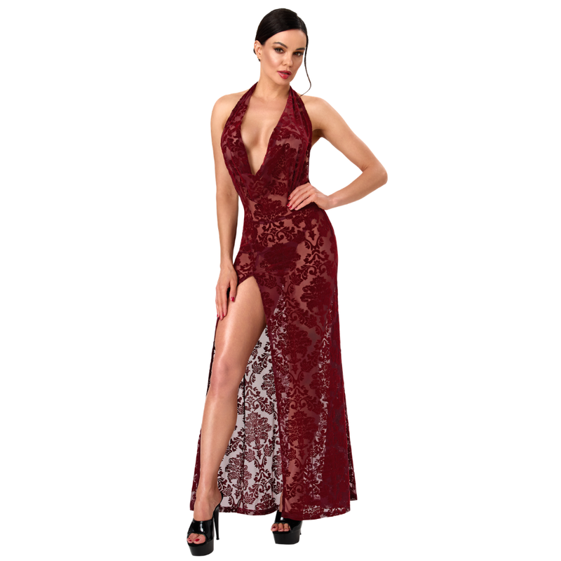Masquerade Lace Gown Dress Burgundy-F424-BUR-XS