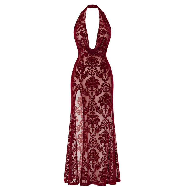 Masquerade Lace Gown Dress Burgundy-F424-BUR-XS