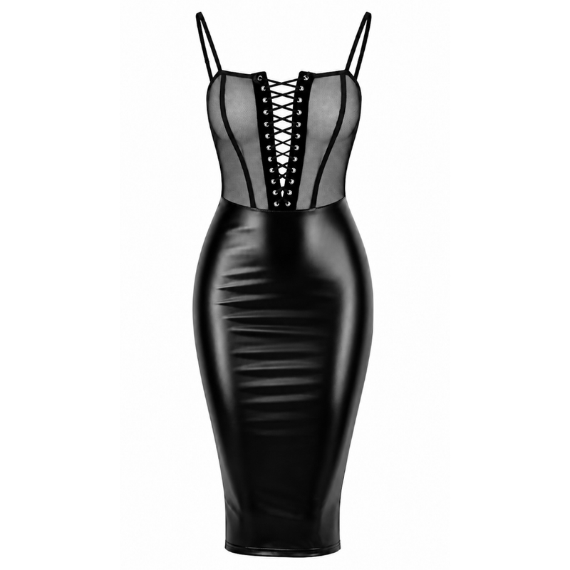 Wet Look Sheer Lace Up Open Dress Black-F408-BLK-XS