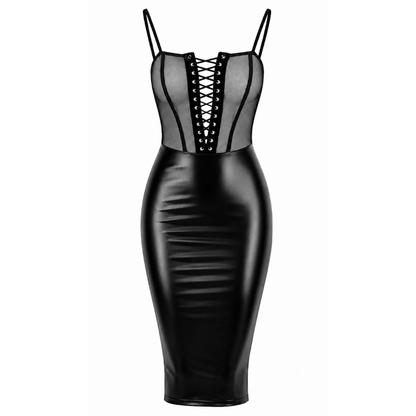 Wet Look Sheer Lace Up Open Dress Black-F408-BLK-XS