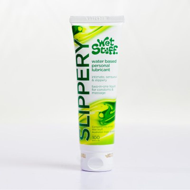 Tube of Wet Stuff Slippery water-based personal lubricant on a white background
