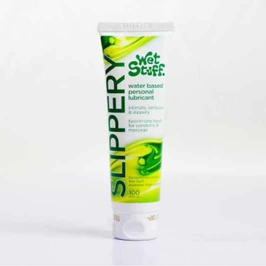 Tube of Wet Stuff Slippery water-based personal lubricant on a white background