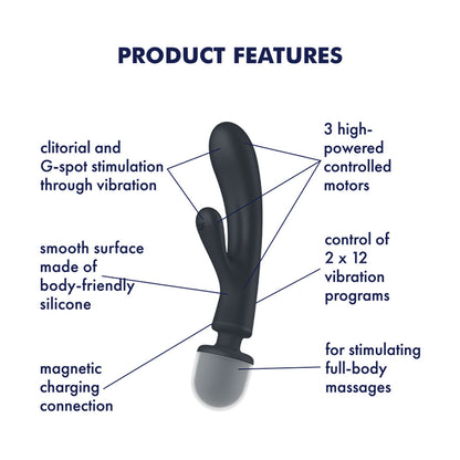 Satisfyer Triple Lover - Grey USB Rechargeable Rabbit Vibrator and Massage Wand-4018201