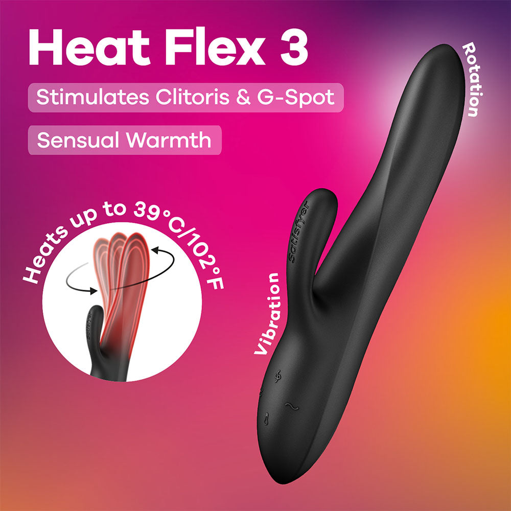 Satisfyer Heat Flex 3 - Black 23 cm USB-C Rechargeable Warming and Rotating Rabbit Vibrator - 4067650