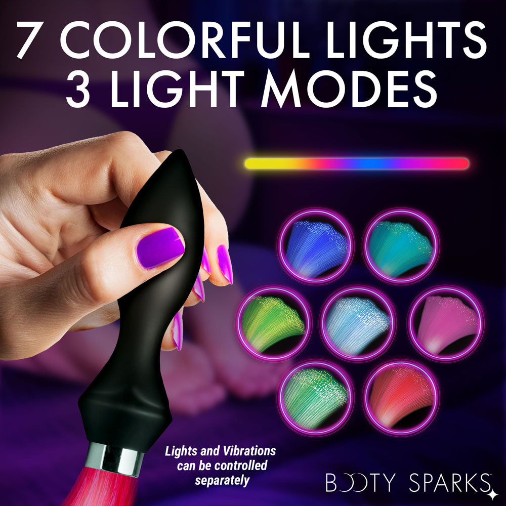 Booty Sparks Vibrating Silicone Fibre Optical Butt Plug - Black USB Rechargeable Butt Plug with Multicolour Fibre Optic Tail - AH766