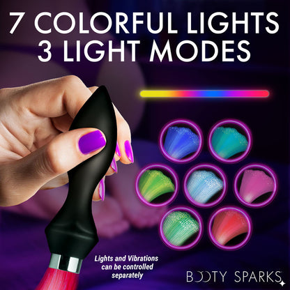 Booty Sparks Vibrating Silicone Fibre Optical Butt Plug - Black USB Rechargeable Butt Plug with Multicolour Fibre Optic Tail - AH766