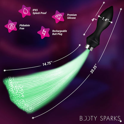 Booty Sparks Vibrating Silicone Fibre Optical Butt Plug - Black USB Rechargeable Butt Plug with Multicolour Fibre Optic Tail - AH766