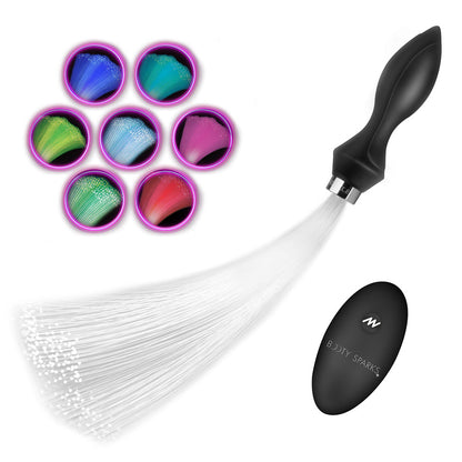 Booty Sparks Vibrating Silicone Fibre Optical Butt Plug - Black USB Rechargeable Butt Plug with Multicolour Fibre Optic Tail - AH766