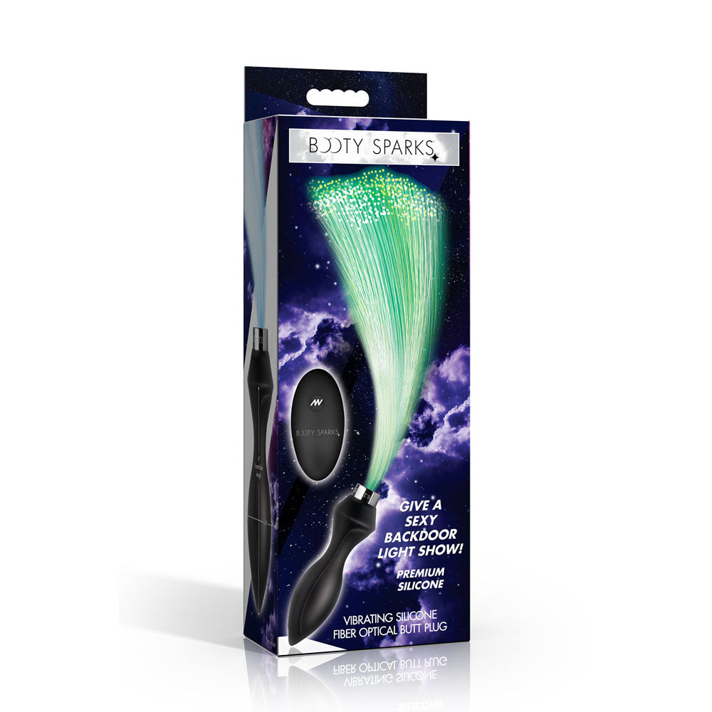 Booty Sparks Vibrating Silicone Fibre Optical Butt Plug - Black USB Rechargeable Butt Plug with Multicolour Fibre Optic Tail - AH766