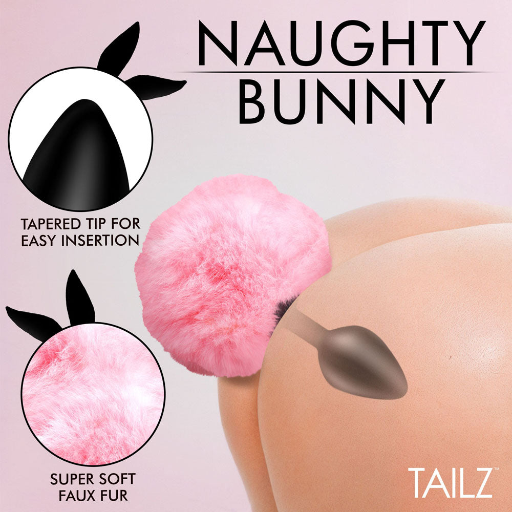 Tailz Fluffy Bunny Tail Silicone Plug - Pink - Black Butt Plug with Pink Bunny Tail - AH843-PINK
