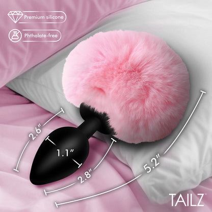 Tailz Fluffy Bunny Tail Silicone Plug - Pink - Black Butt Plug with Pink Bunny Tail - AH843-PINK