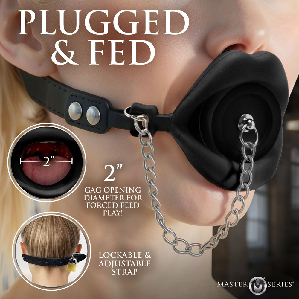 Master Series Plugged - Black Lips Silicone Feeding Mouth Gag - AH980-BLACK