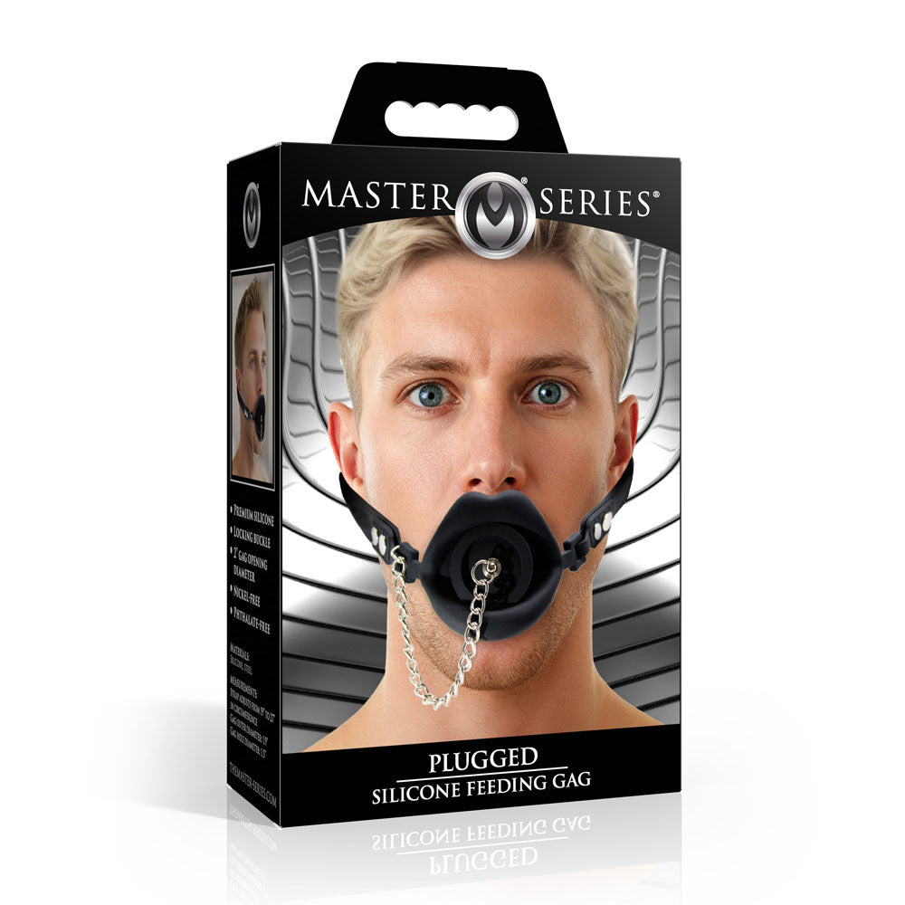 Master Series Plugged - Black Lips Silicone Feeding Mouth Gag - AH980-BLACK