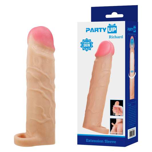 Party Up RICHARD 3 Inch Extender Sleeve - Flesh 3 Inch Penis Extender Sleeve with Ball Strap-BI-026258-PU