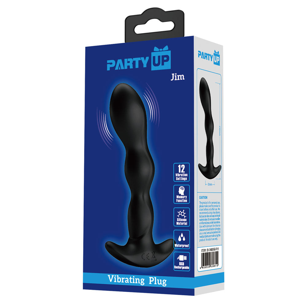 Party Up JIM Vibrating Plug - Black 14.5 cm USB Rechargeable Vibrating Butt Plug-BI-040068-PU