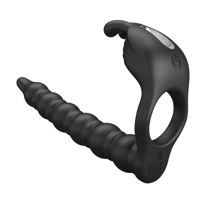 Party Up MARCUS Ring & Anal Plug - Black USB Rechargeable Vibrating Cock Ring with Double Penetrator-BI-210327-PU