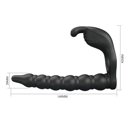 Party Up MARCUS Ring & Anal Plug - Black USB Rechargeable Vibrating Cock Ring with Double Penetrator-BI-210327-PU