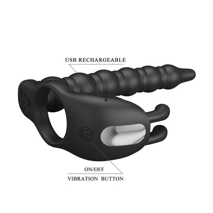 Party Up MARCUS Ring & Anal Plug - Black USB Rechargeable Vibrating Cock Ring with Double Penetrator-BI-210327-PU