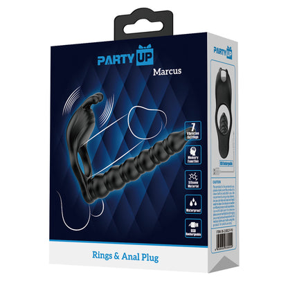 Party Up MARCUS Ring & Anal Plug - Black USB Rechargeable Vibrating Cock Ring with Double Penetrator-BI-210327-PU